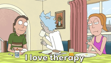 Rick from Rick and Morty, at the breakfast table with his family, smiles and says, &quot;I love therapy&quot;