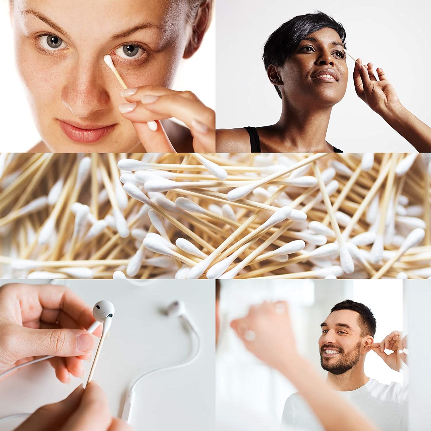 A collage showing the Q-tips and models using them to clean eyes, ears, and products