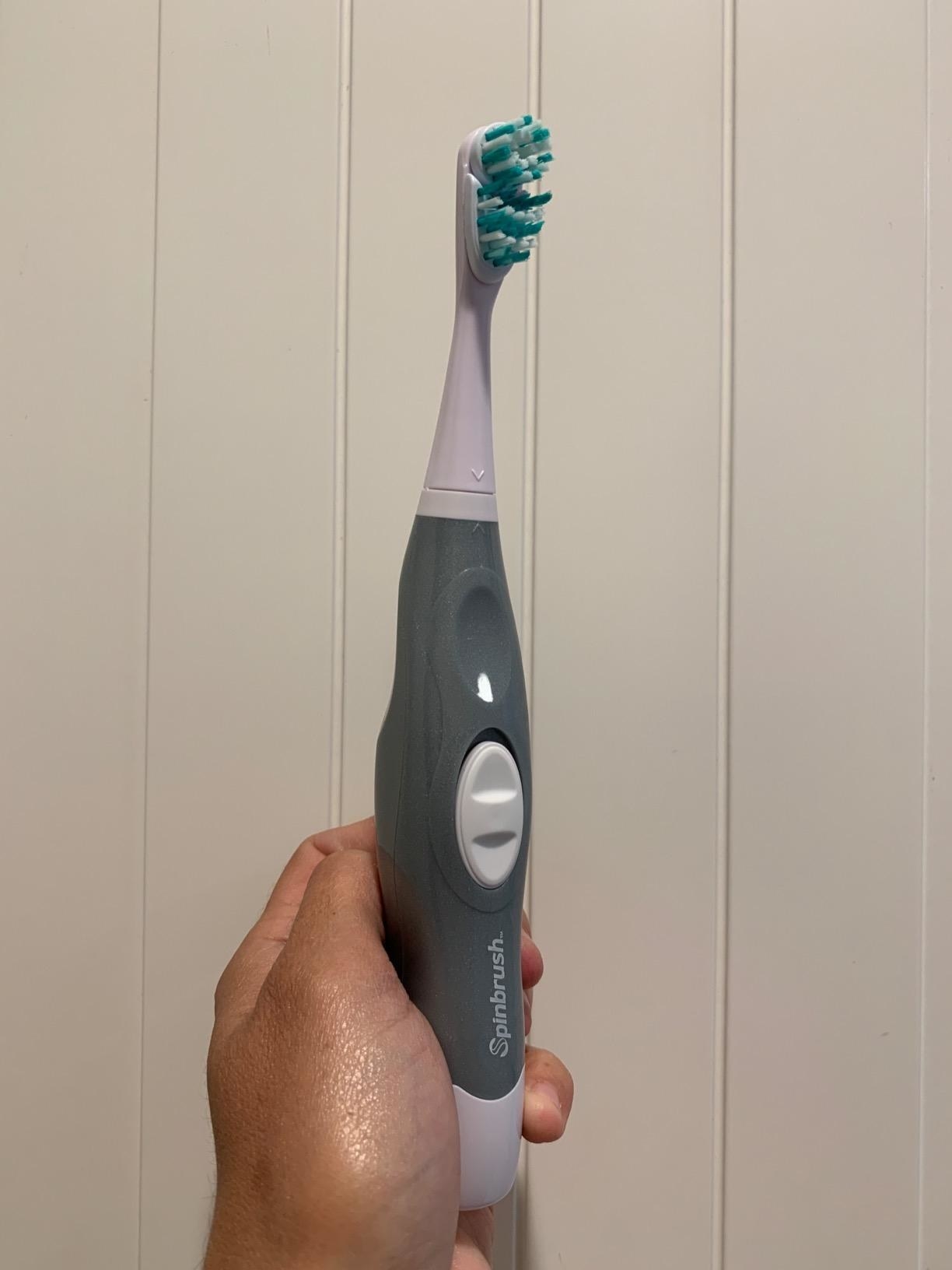 A reviewer&#x27;s hand holding a gray and white spin brush