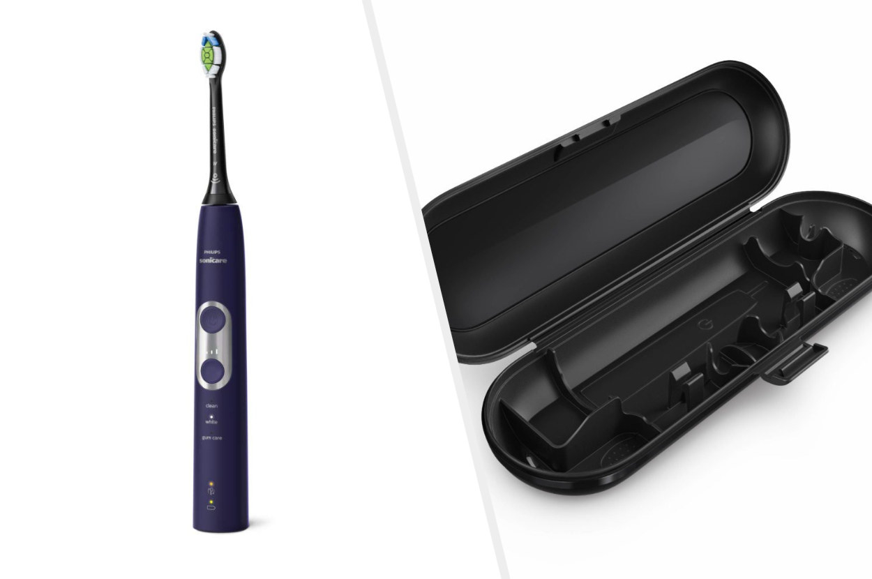 A split image of a purple electric toothbrush and its opened black plastic case