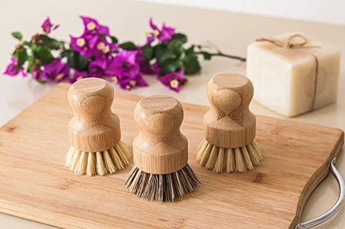 Three wooden bristle brushes on a surface