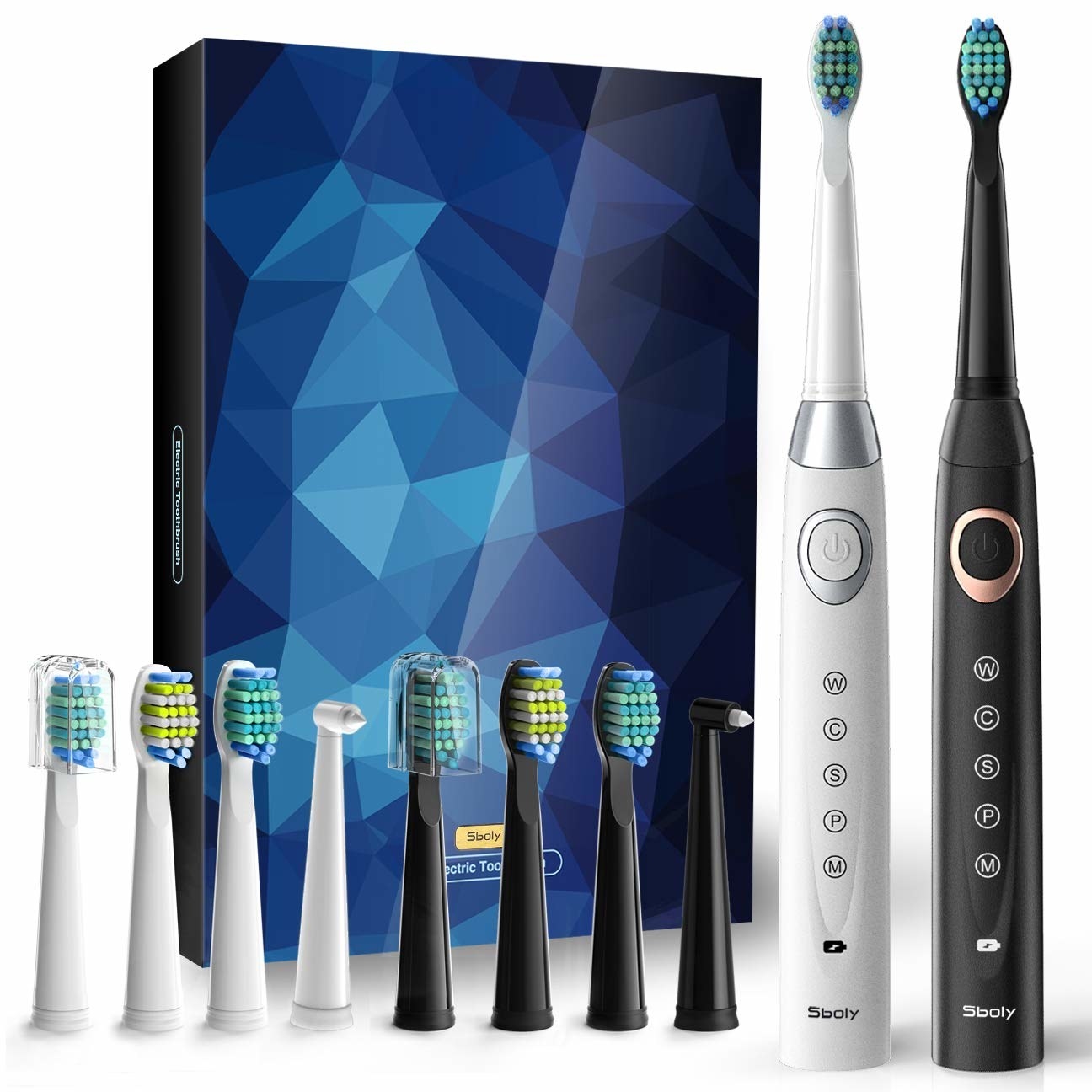 Set of two electric toothbrushes, one black, one white, with four different colored brush heads for each handle