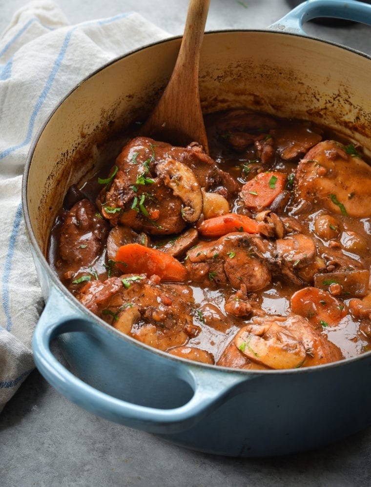 the coq au vin in a pot