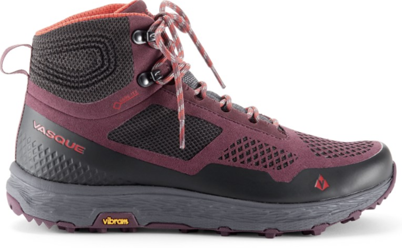 plum and black thick-soled mid-height hiking boots