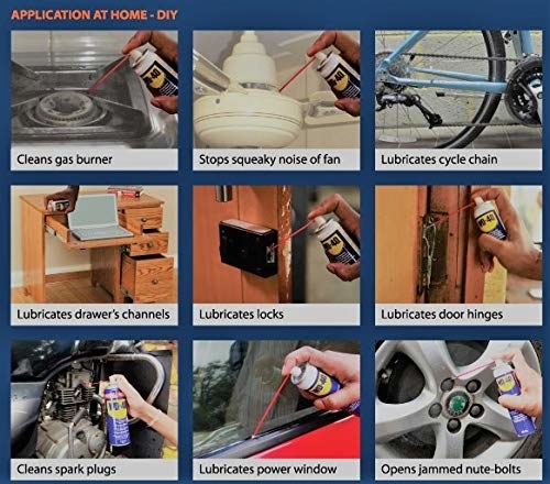 A collage of the WD-40 spray being used on various things such as door hinges, squeaky fans, and drawers.