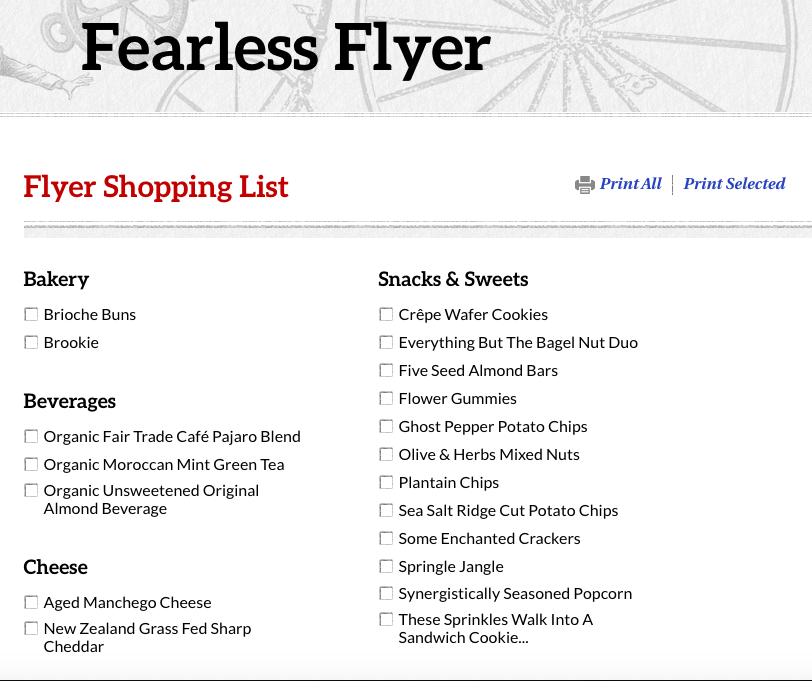 A Trader Joe&#x27;s Fearless Flyer check-list of groceries. 