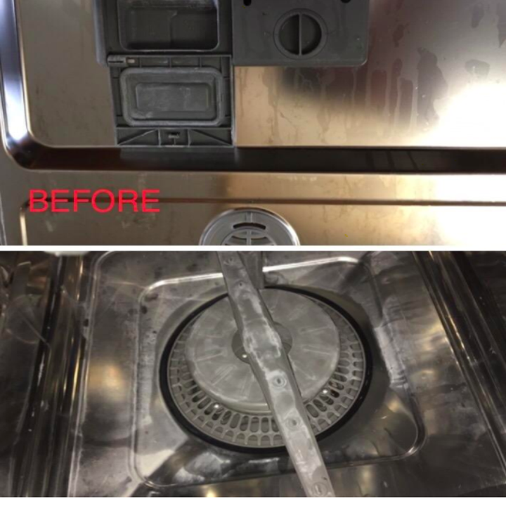 A reviewer's dishwasher covered in residue, both on the door and the interior, with the text "Before"