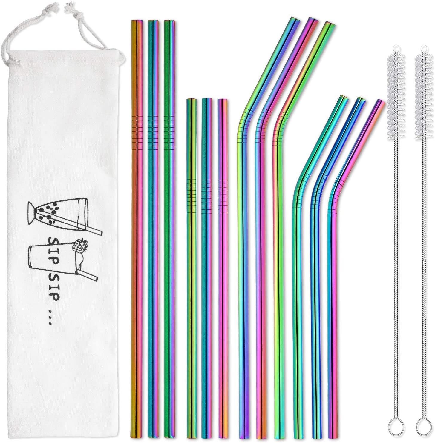 12 rainbow tinted metal straws in four different shapes, a cloth case, and two straw-cleaning brushes 