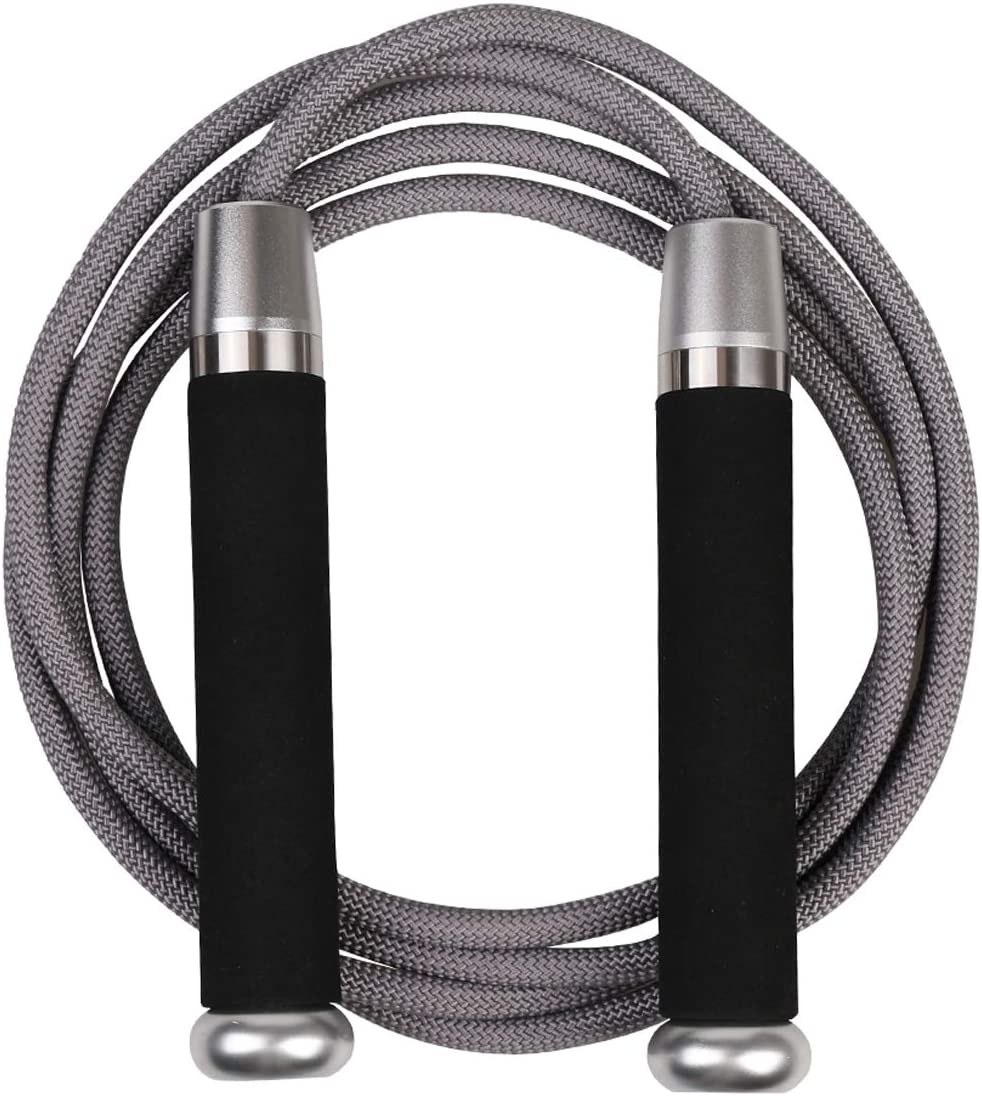 Grey jump rope with black and aluminum/memory foam handles 