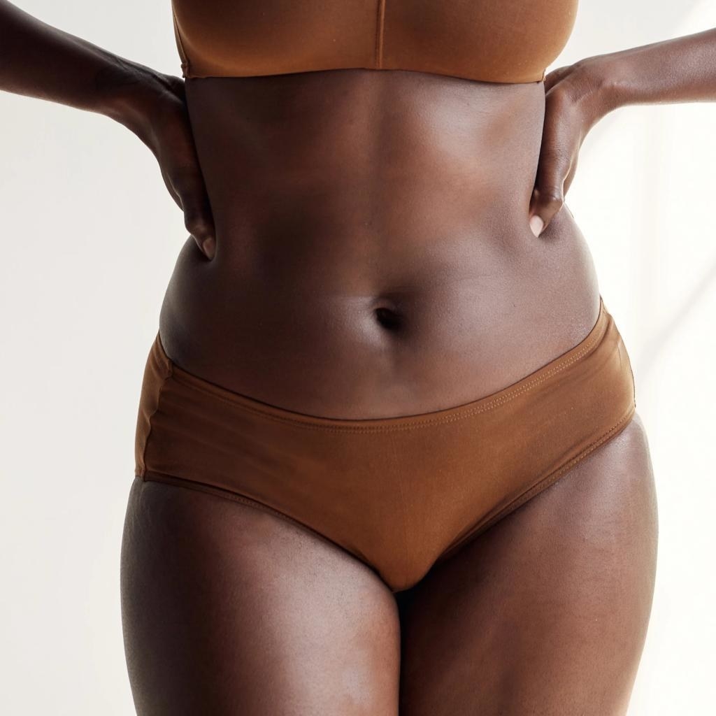 A model with dark skin in nude lingerie to match her skin tone