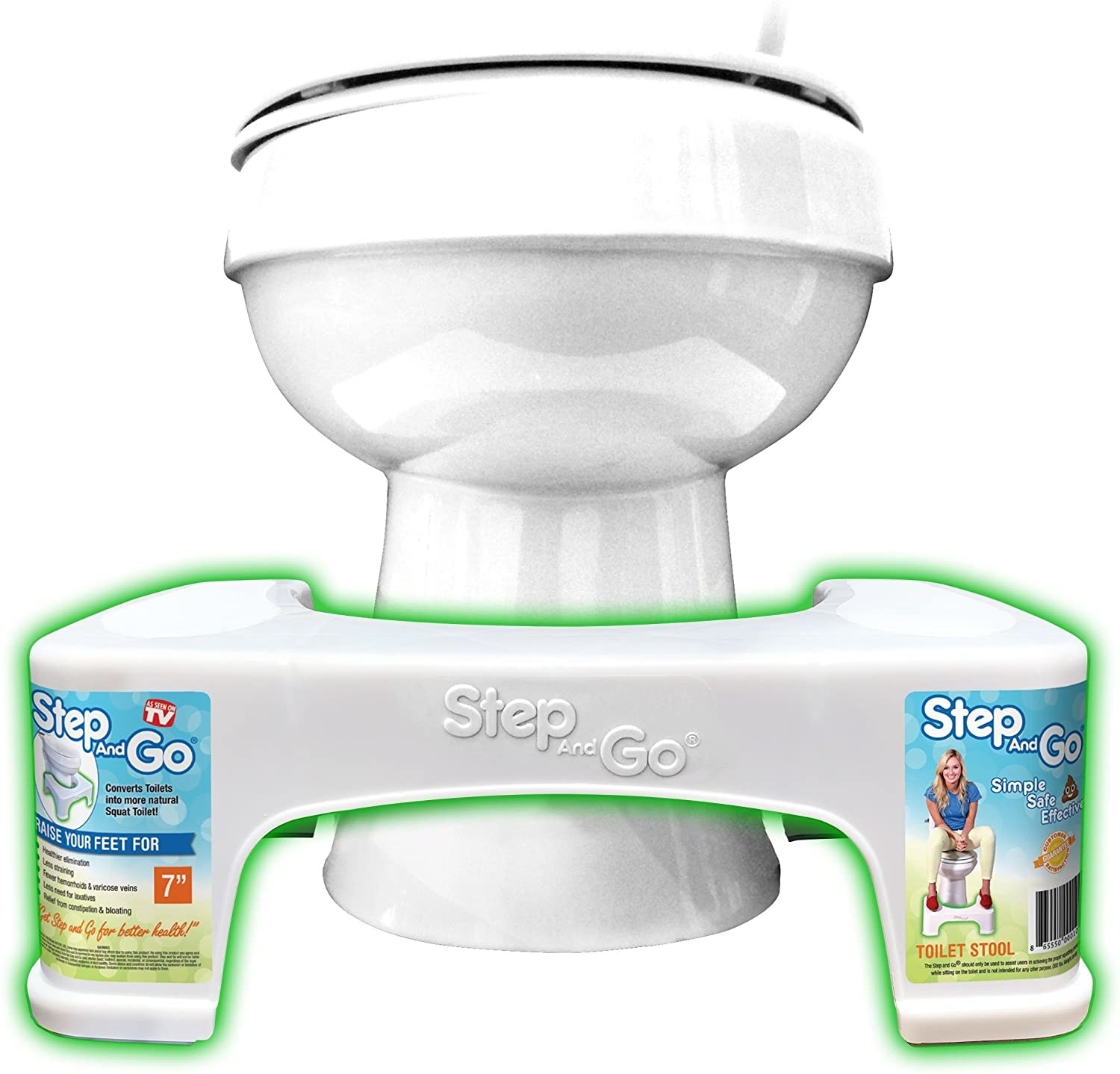 A step and go stool by a toilet
