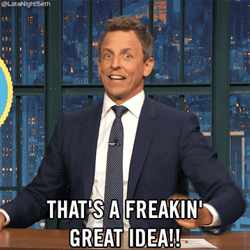 Gif of Seth Meyers pointing and saying with excitement &quot;That&#x27;s a freakin&#x27; great idea!!&quot;