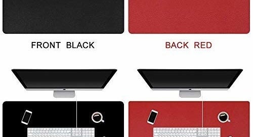 Side by side images showing the two sides of a waterproof desk pad. There are multiple devices and a cup of coffee on it