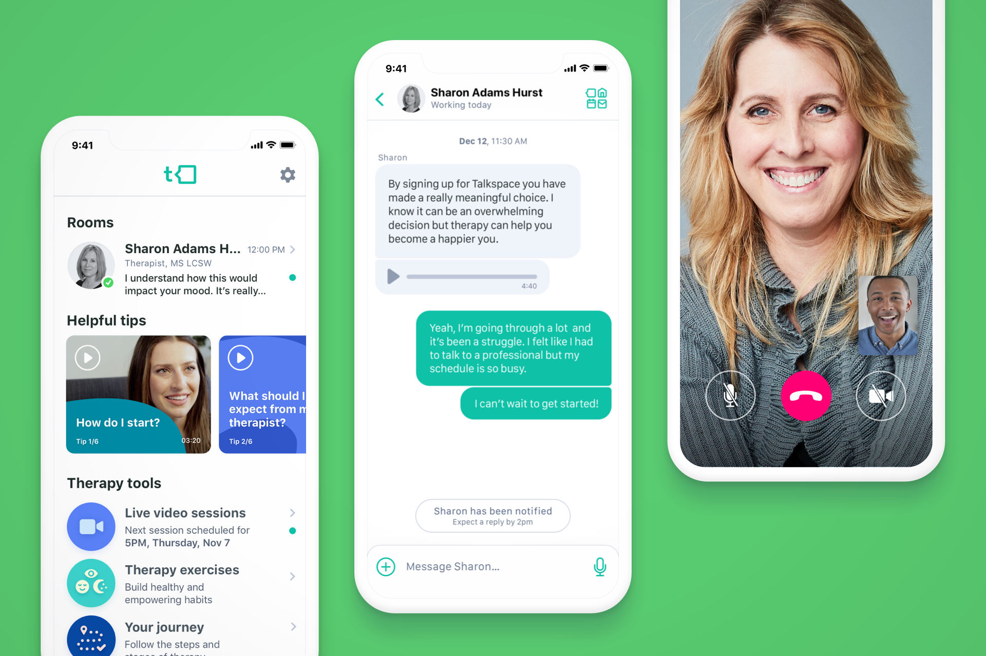 Three phone screens show the home page, chat room, and video conferencing via the Talkspace app