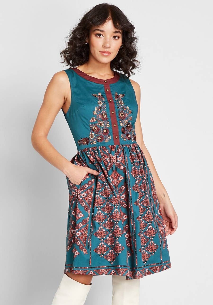 navy blue dress for baby girl Modcloth Mystic A-Line Dress Laser Cut Outs Zip Teal Read Measure sz Large  READ main image 0