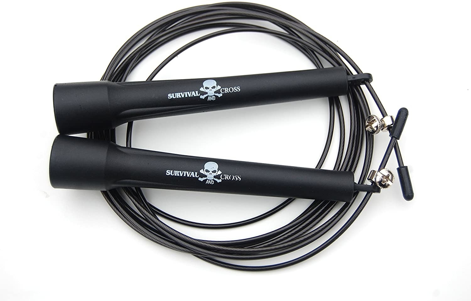 All-black Survival Cross jump rope with skull and cross bones logo on handles