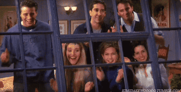 Gif of the cast of &quot;Friends&quot; clapping in the window