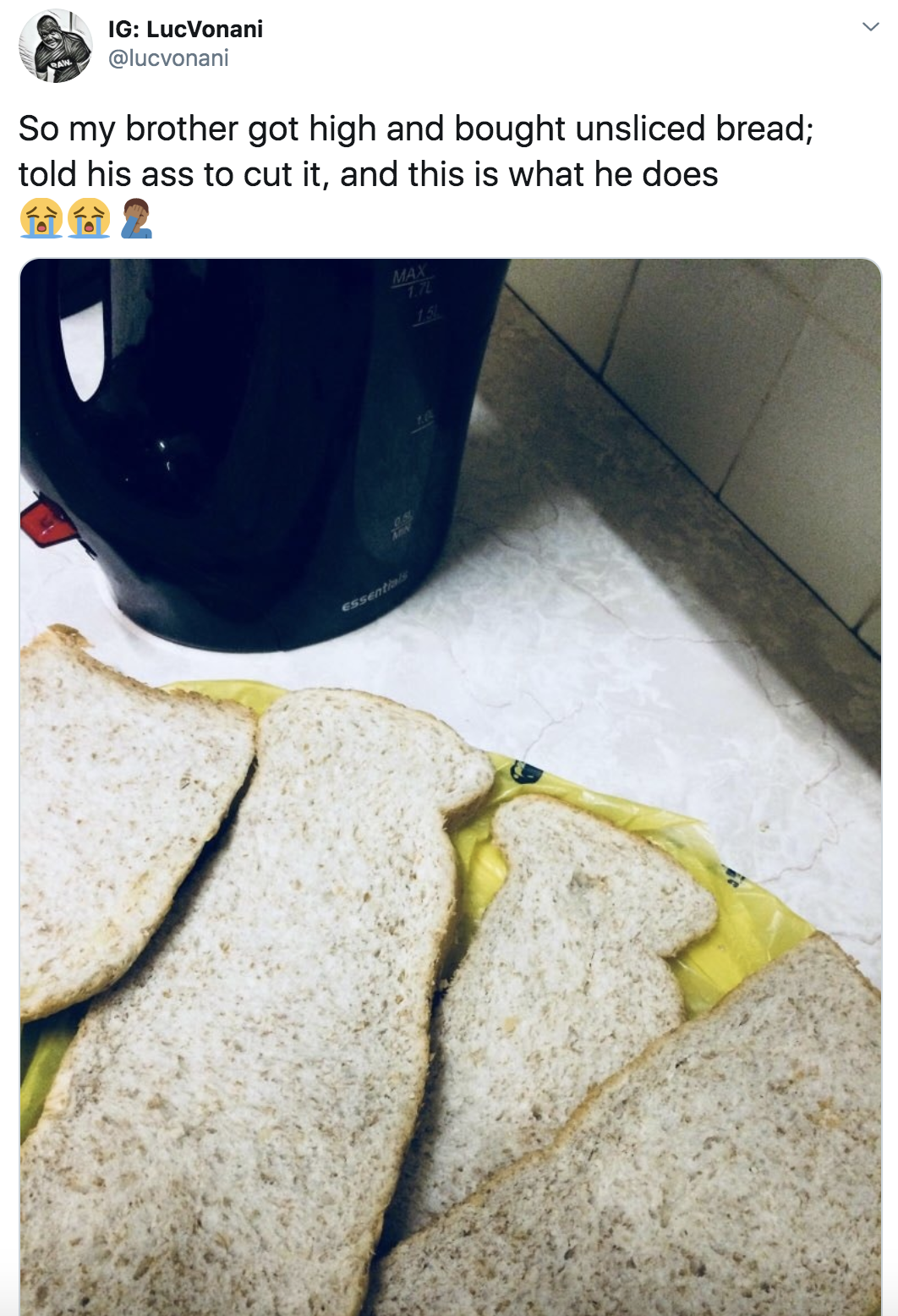 tweet about someone slicing bread wrong because they&#x27;re high