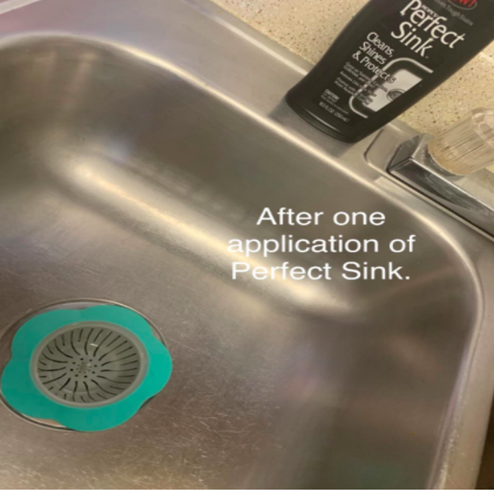 The same reviewer's sink looking shiny and stain-free, with the text "After one application of Perfect Sink"