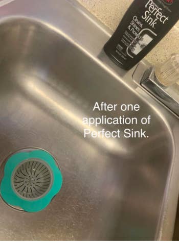 The same reviewer's sink looking shiny and stain-free, with the text 