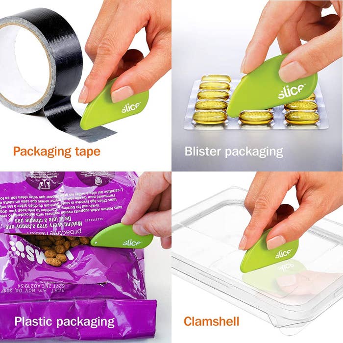 A collage of images showing a hand using the rounded tool to cut packing tape, blister packaging, plastic bags, and clamshells