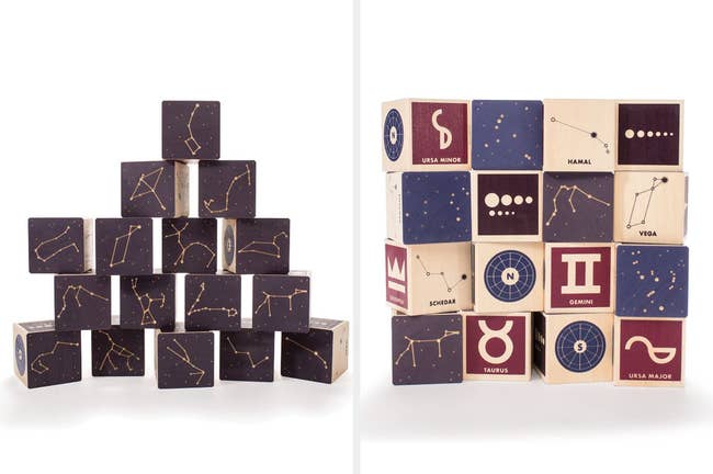 Side-by-side views of a set of wooden blocks that show different versions of constellations and their locations in the sky 