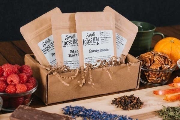 An assortment of bags of loose leaf tea