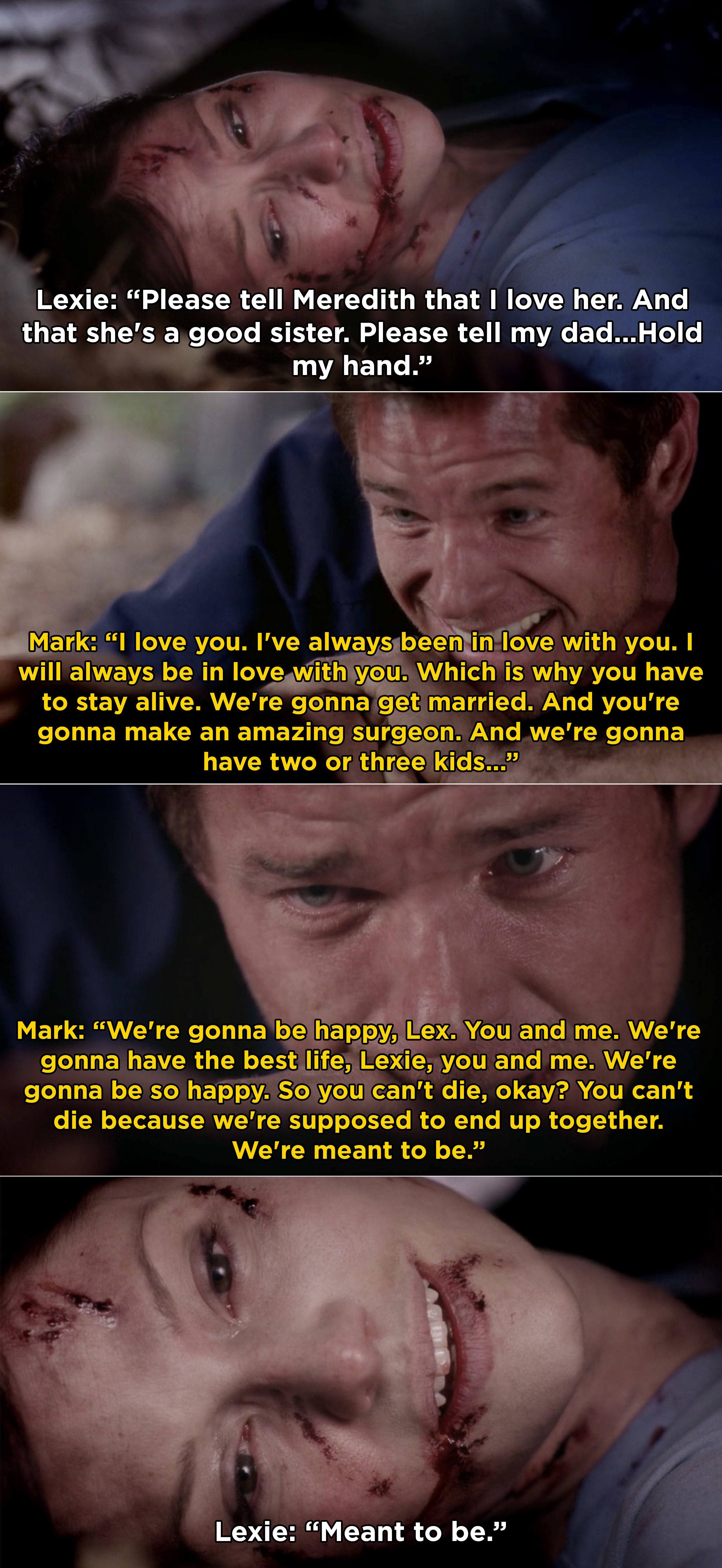 Mark telling Lexie they are meant to be before Lexie dies after the plane crash