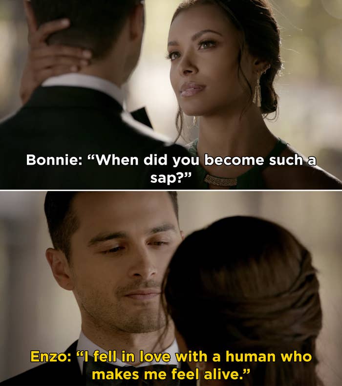 Enzo telling Bonnie: "I fell in love with a human who makes me feel alive."