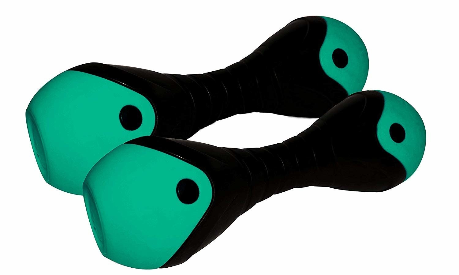 A pair of green and black dumbbells. 