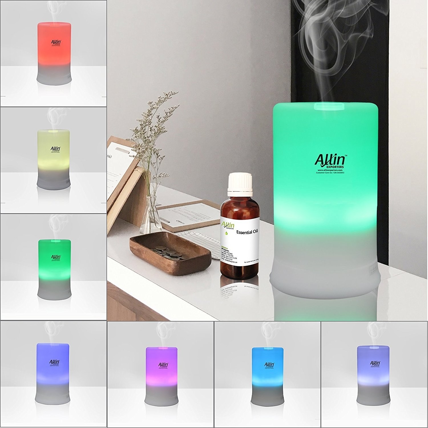 A collage of an aroma diffuser in different LED colours.