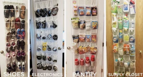 Four side-by-side images of the hanging sleeve with the far left filled with shoes, the middle left filled with electronics, middle right with pantry items, and the far right with cleaning supplies