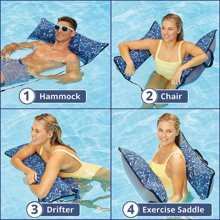 models show four ways to use the hammock: a bed, a chair, something to lean on like driftwood, or an exercise saddle 