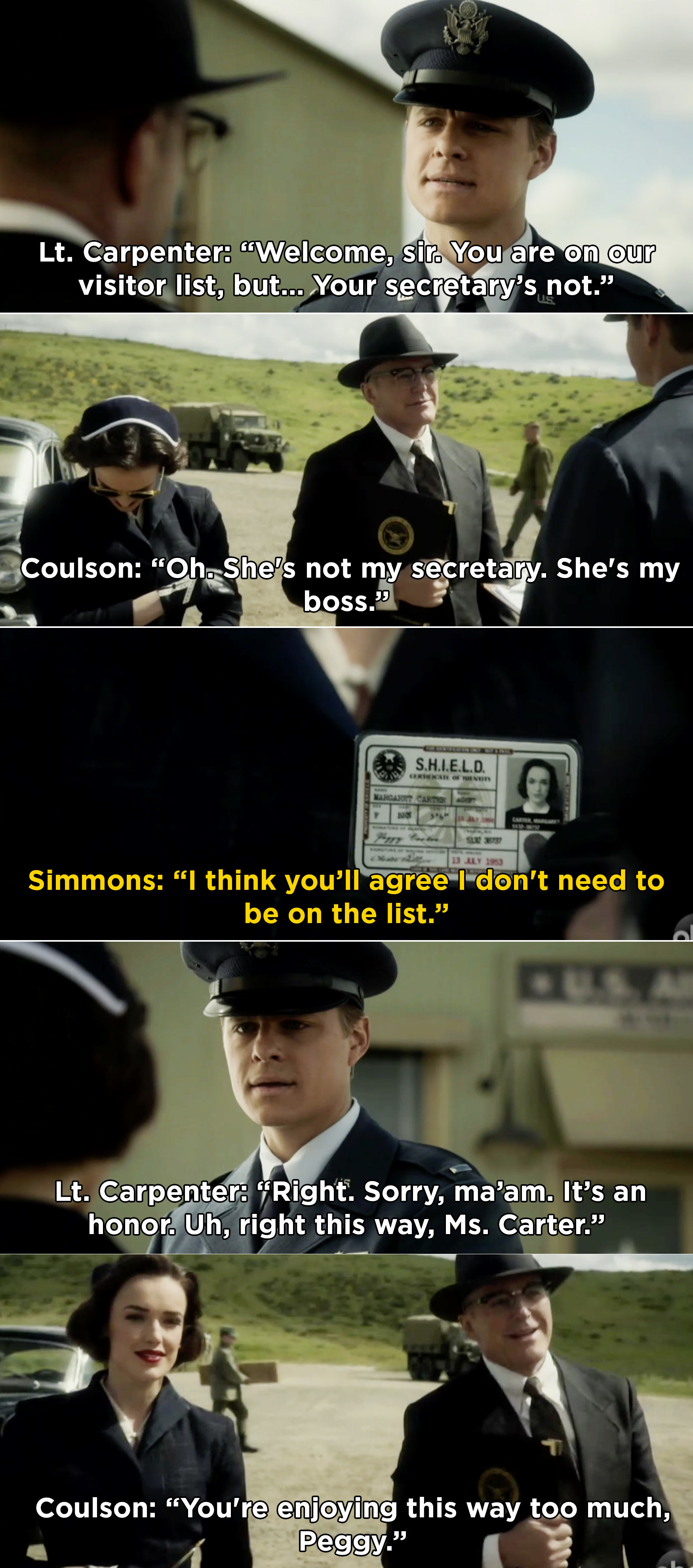 Simmons impersonating Peggy Carter and showing her SHIELD badge