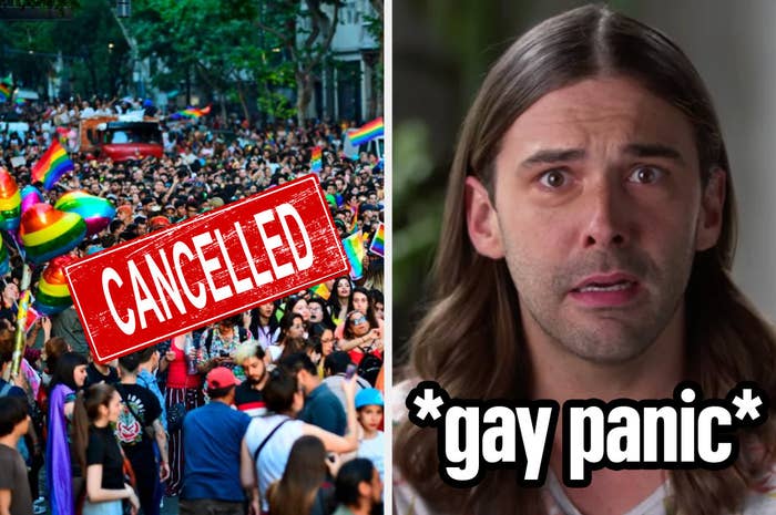 On left, a pride parade with the word "cancelled" placed over the top. On right, Jonathan Van Ness from "Queer Eye" showing signs of gay panic