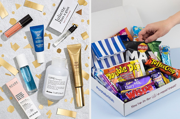 On the left, a Birchbox beauty subscription, and on the right, a British snacks subscription