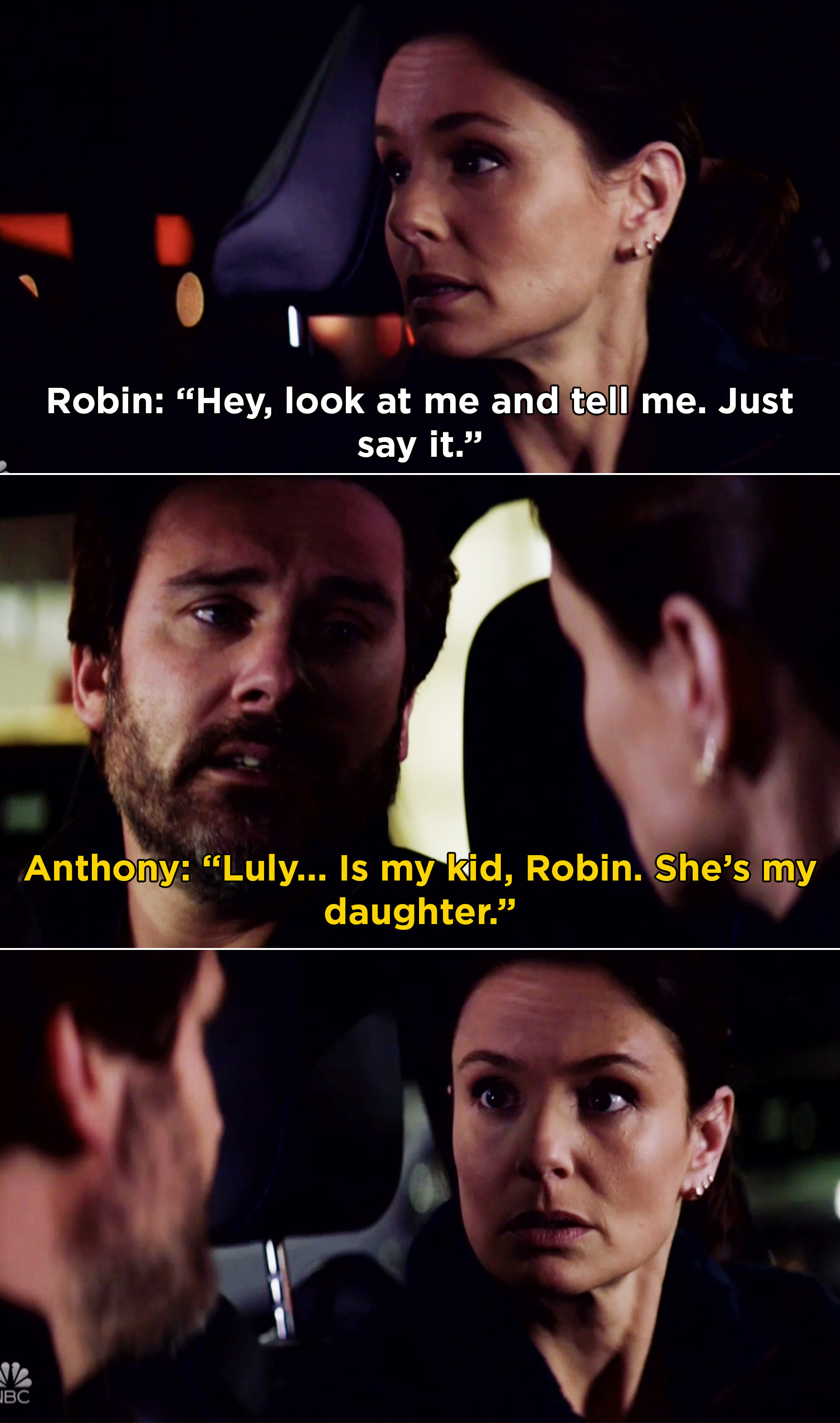 Anthony sitting in a car with Robin and telling her, &quot;Luly... Is my kid, Robin. She&#x27;s my daughter.&quot;