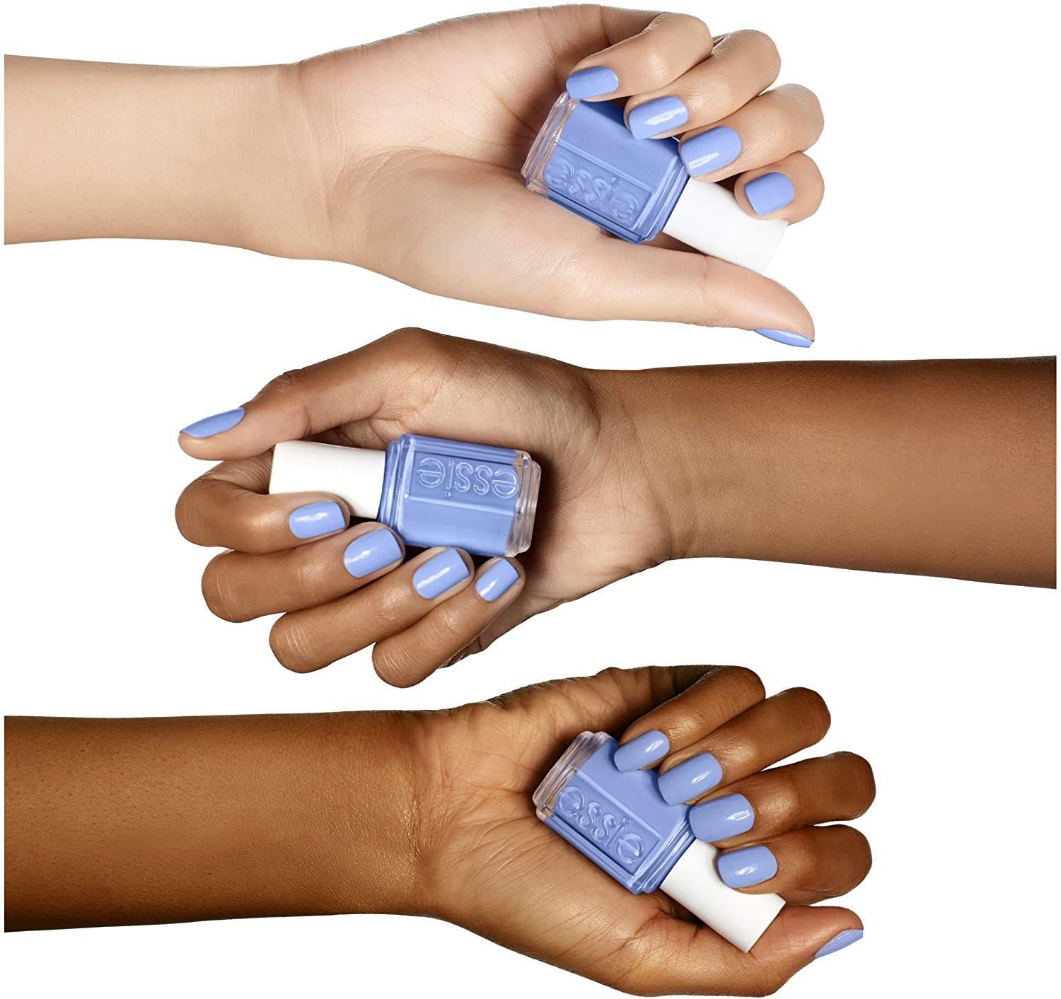 Three hands that are each holding a bottle of nail polish with painted nails