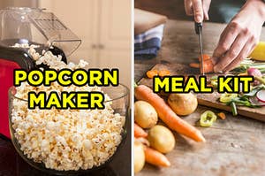 Let: Bright popcorn maker popping popcorn with the words "popcorn maker" Right: Hands cutting carrots and potatoes on cutting board with the words "meal kit"