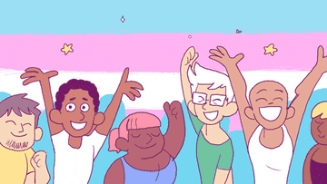 Animated trans people celebrating Pride in front of the trans flag