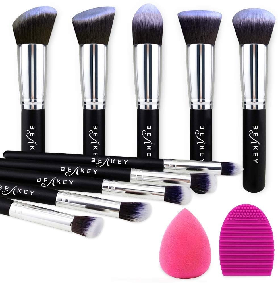 Makeup brushes, a makeup blender, and a brush cleaning pad