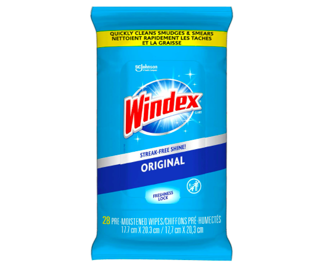 The packaging for Windex wipes with a freshness lock to keep the sheets moist