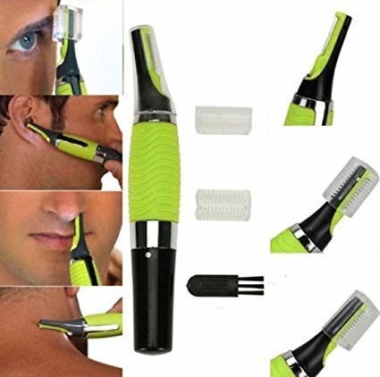 A collage of the trimmer being used on a man&#x27;s eyebrows, ear, nose, and the back of his neck