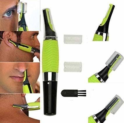 A collage of a man using the trimmer on different parts of his face