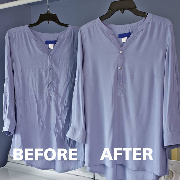 A comparison of before and after using the Woolite sheets on a long-sleeved shirt