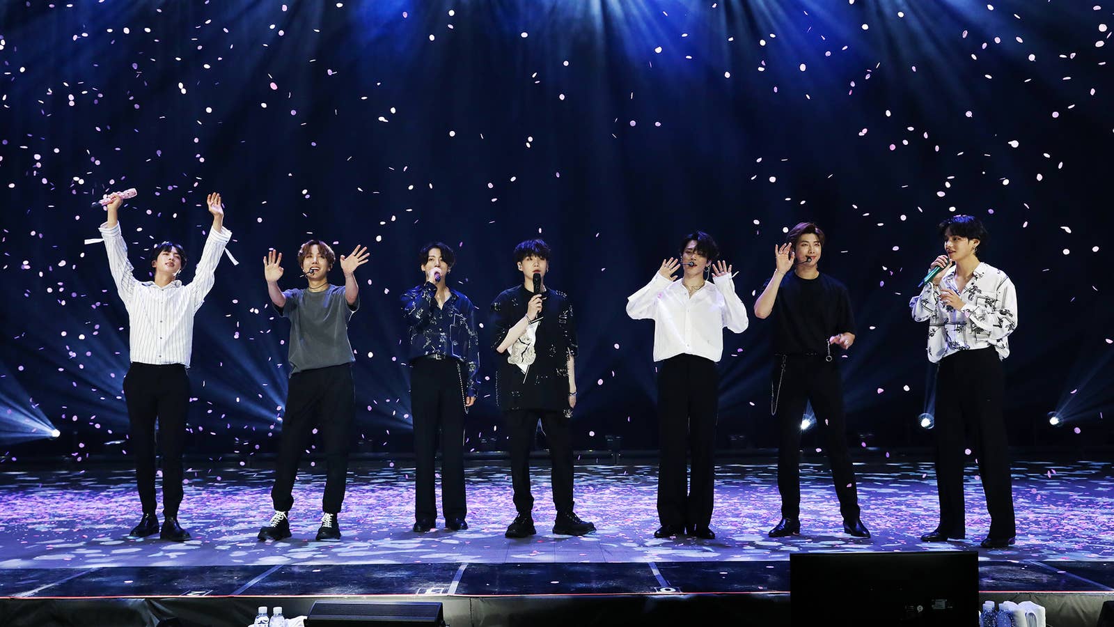 Jin, J-Hope, Jungkook, Suga, Jimin, RM, and V say goodbye on stage at Bang Bang Con: The Live.