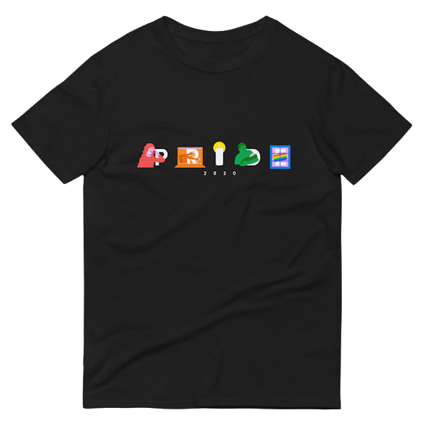 A black T-shirt with PRIDE illustrated in rainbow imagery across the front