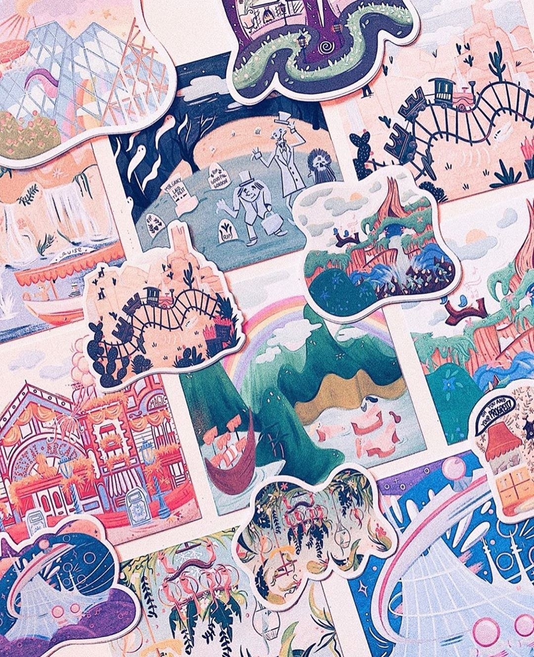 a layout of various illustrated disney locations as art prints and stickers
