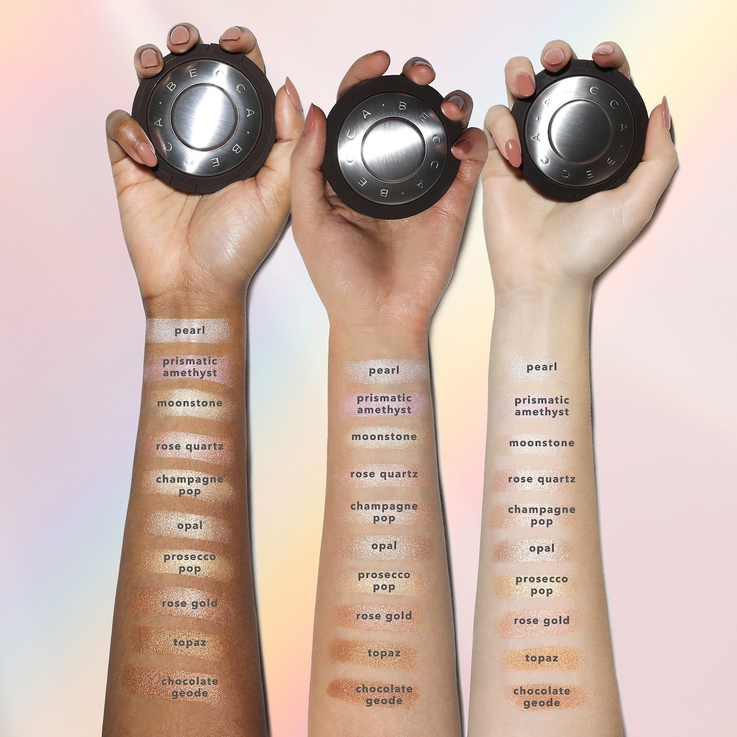 Three hands holding the round palettes. On each person&#x27;s arm, 10 of the shades are shown, demonstrating how they appear on different skin tones