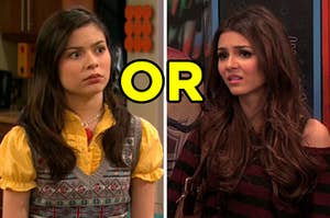 On the left, Miranda Cosgrove has a worried look on her face as Carly in "iCarly," and on the right Victoria Justice looks concerned as Tori in "Victorious"